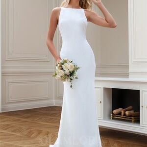 Pretty Sheath/Column Scoop Sweep Train Stretch Crepe Wedding Dress #GLHS0988